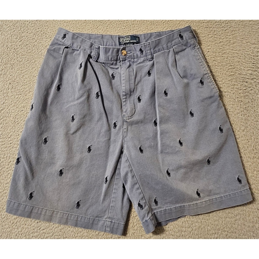 Polo Ralph Lauren Tyler Short Mens 34 Blue Pleated All Over Pony Logo Chino